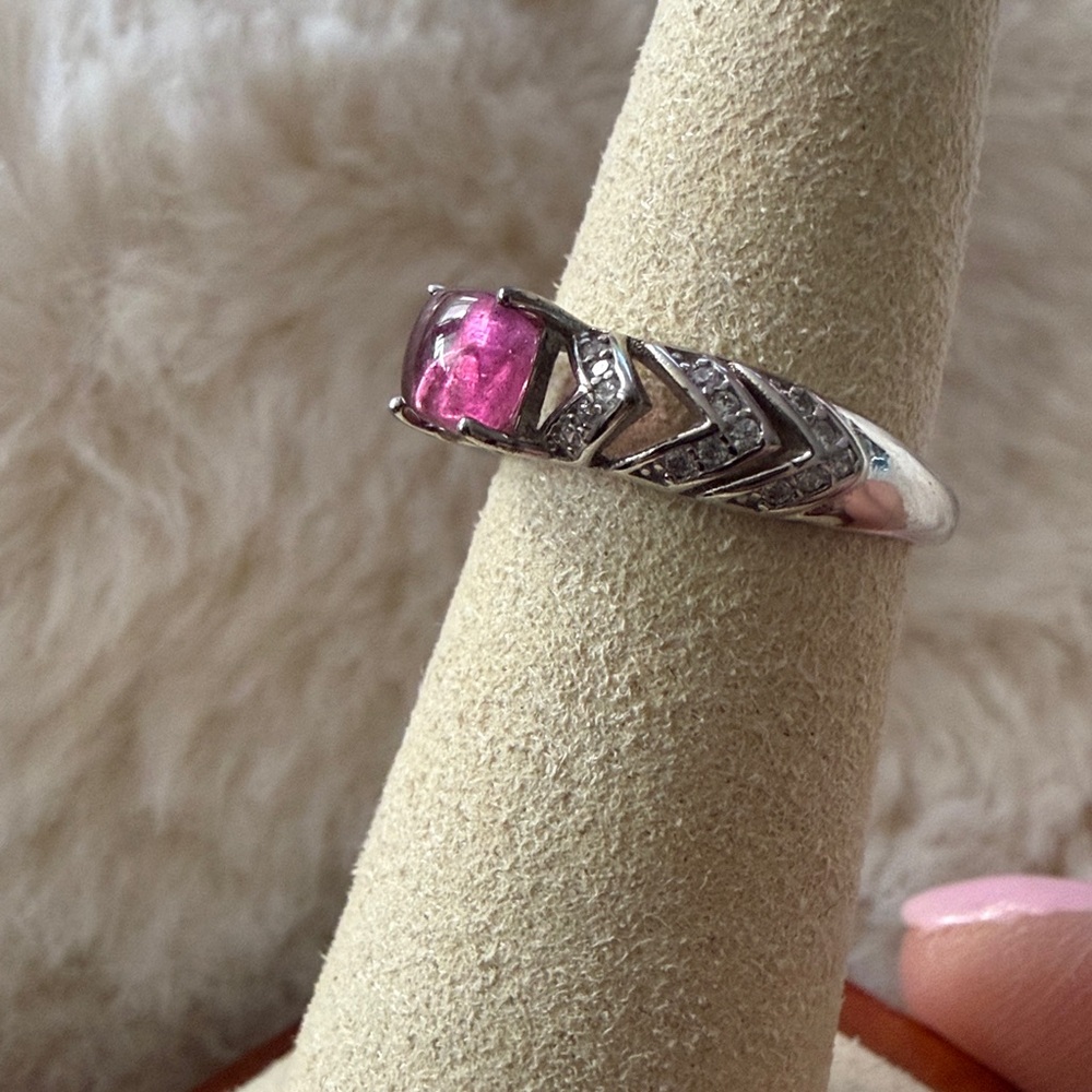 S925 Pink Tourmaline Ring Art Deco Style CZ Accents - Picture 4 of 6